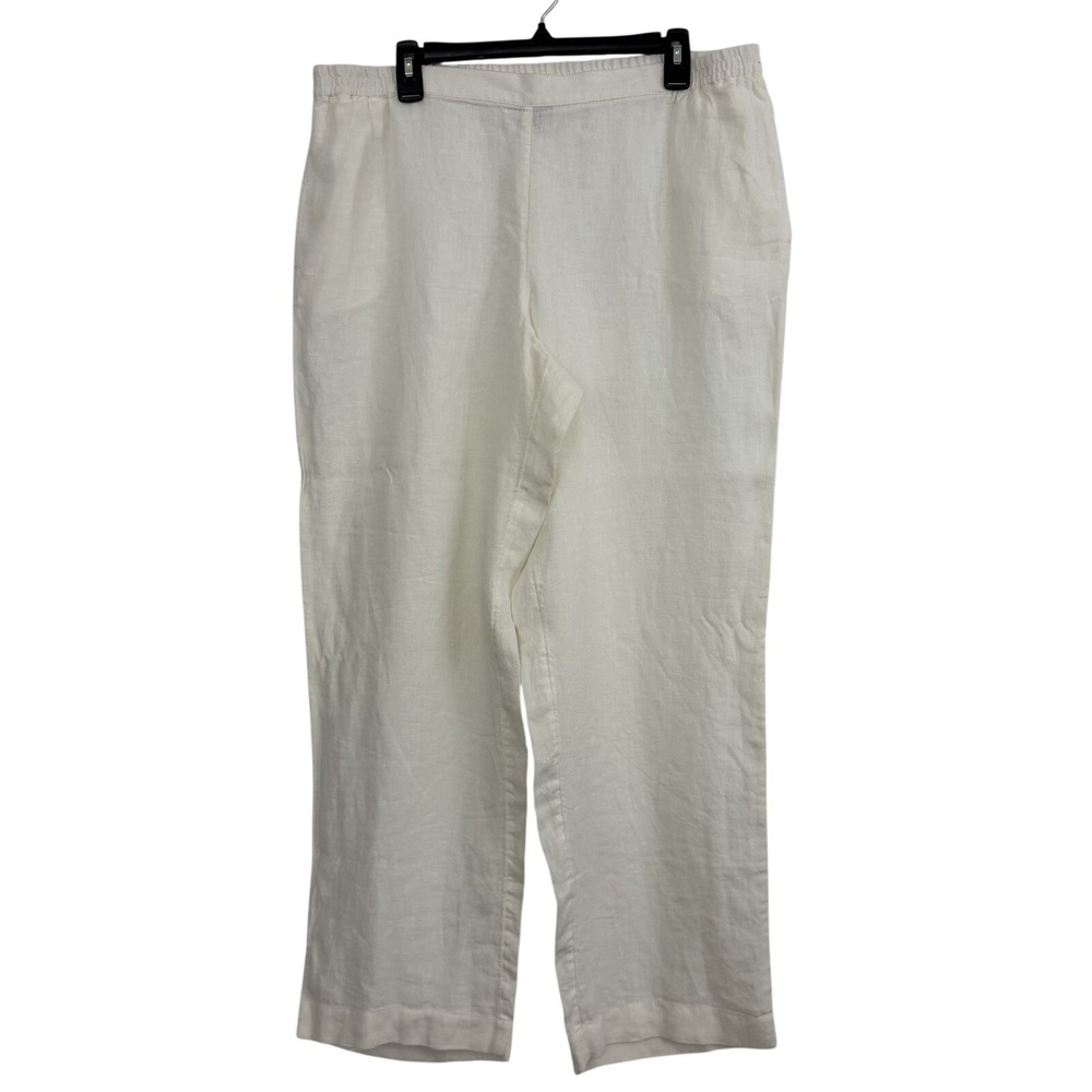 J. Jill Linen Straight‎ Leg Pull On Pants Sz Large Petite White Elastic Vacation